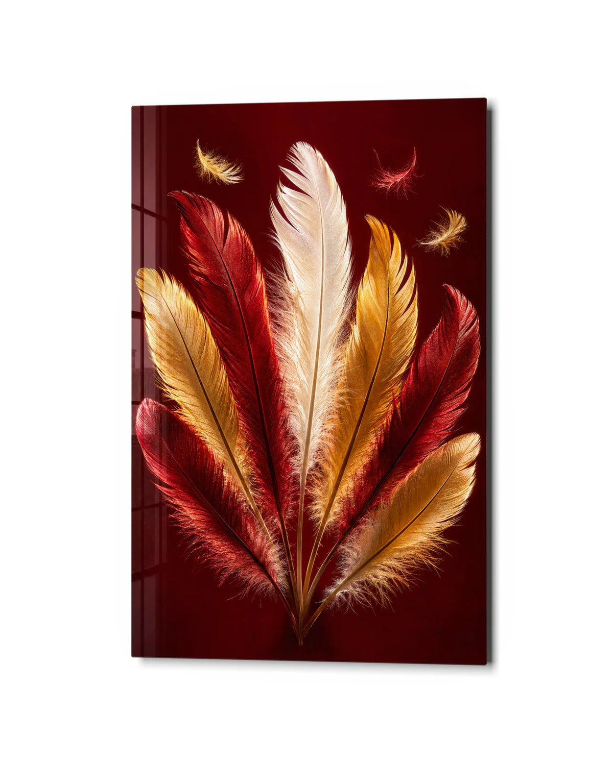 Warm Feather Fan — studio view of glass wall art