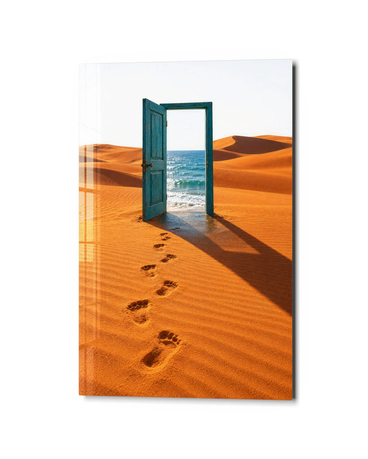 A Door Beyond the Dunes — studio view of glass wall art