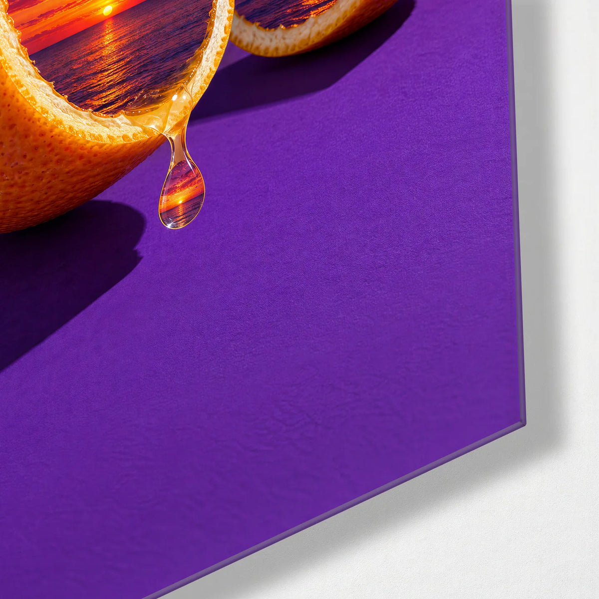 Sunset Inside an Orange — corner detail of glass wall art