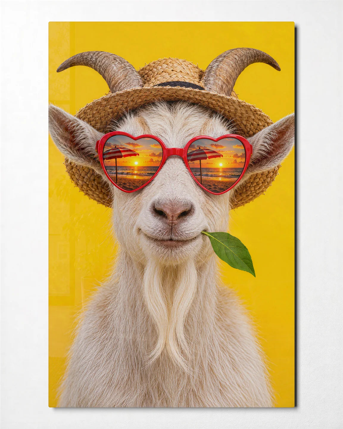 Goat on Holiday — front view of glass wall art