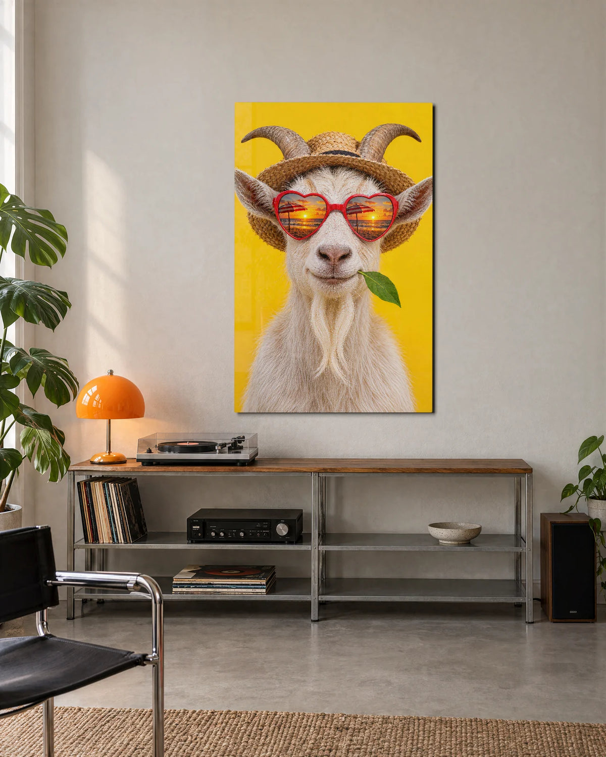 Goat on Holiday — shown in a living space