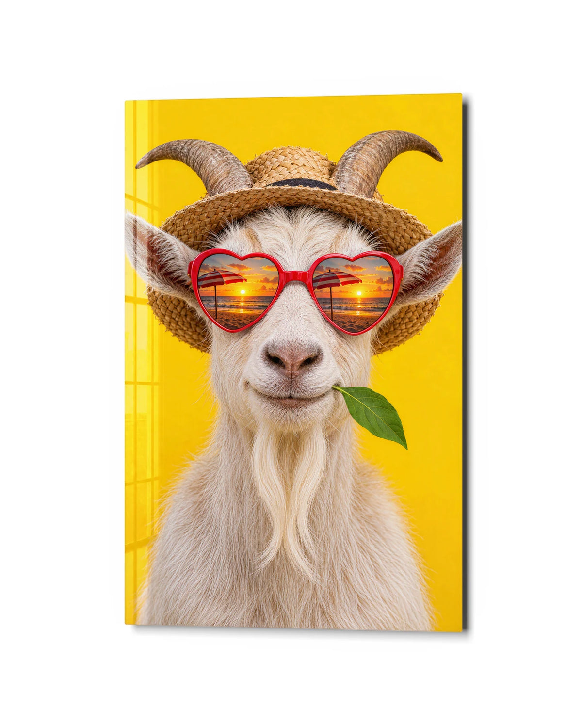 Goat on Holiday — studio view of glass wall art