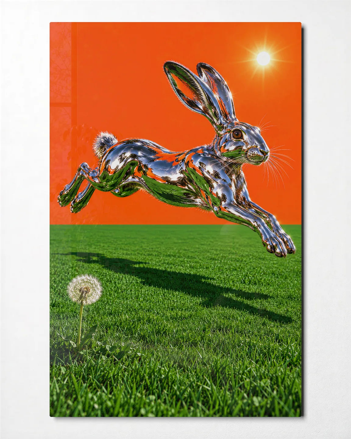 Silver Rabbit Running — front view of glass wall art