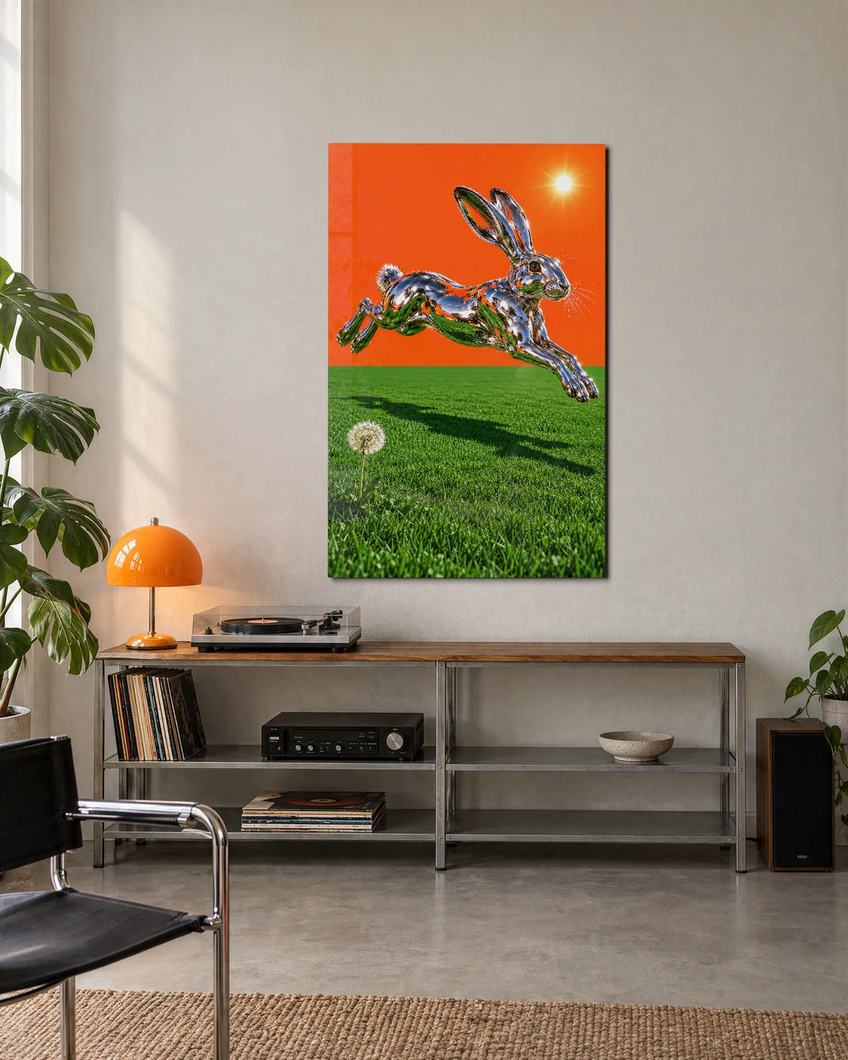 Silver Rabbit Running — shown in a living space