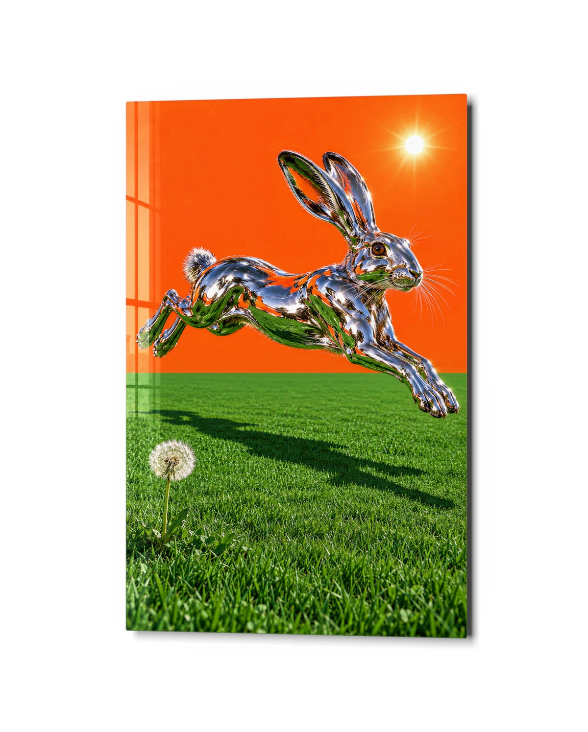 Silver Rabbit Running — studio view of glass wall art