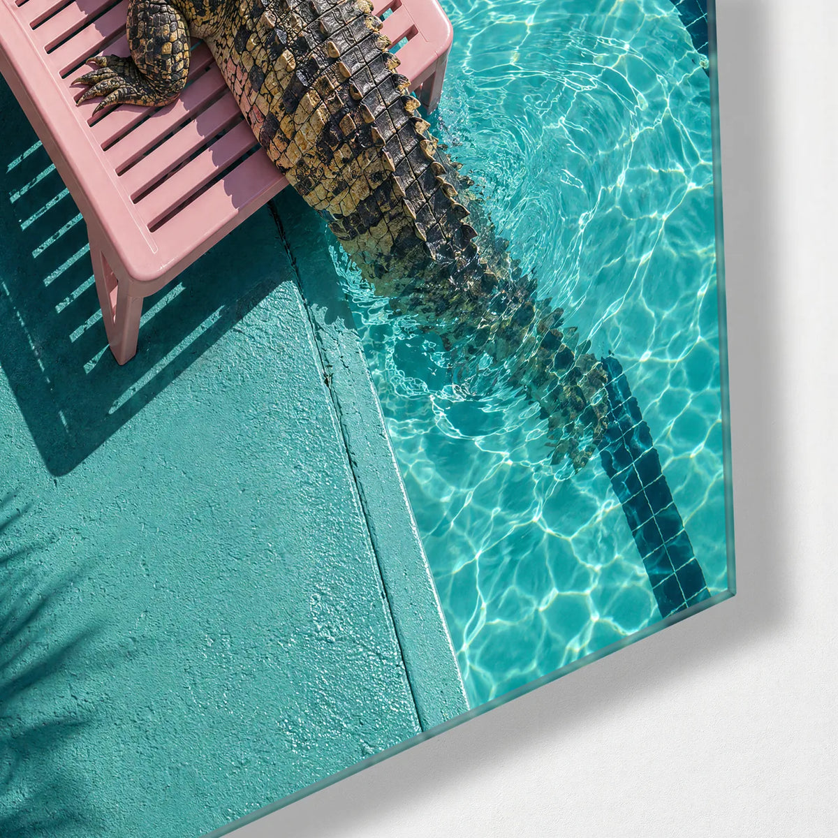 Crocodile on Holiday — corner detail of glass wall art