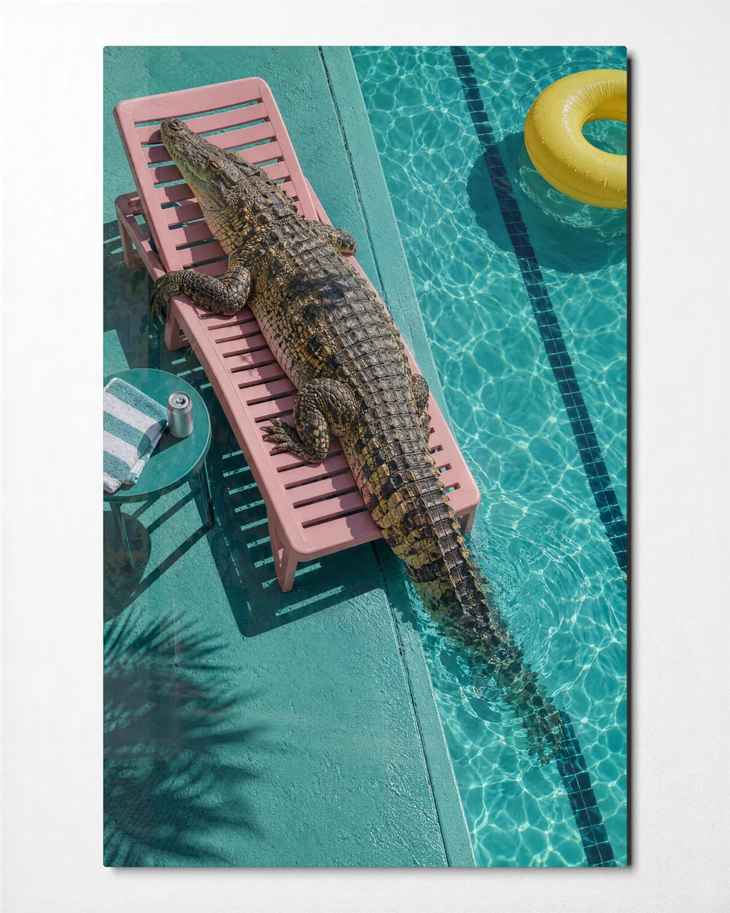 Crocodile on Holiday — front view of glass wall art