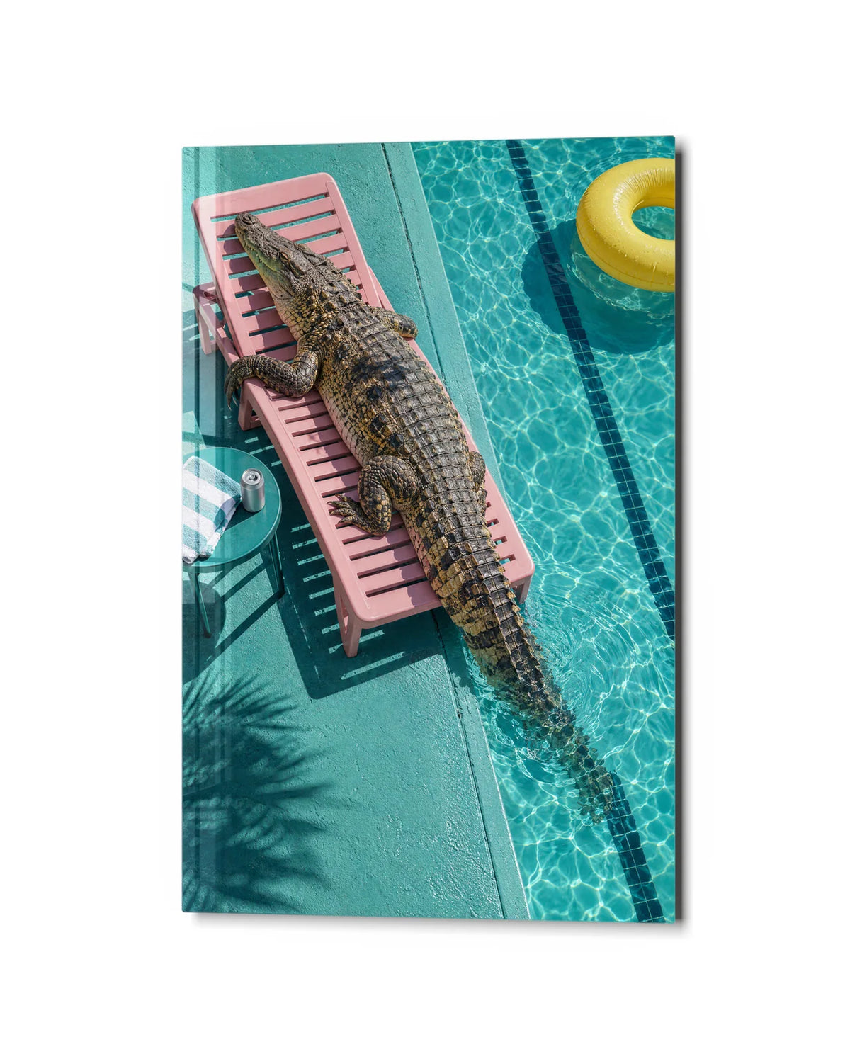 Crocodile on Holiday — studio view of glass wall art