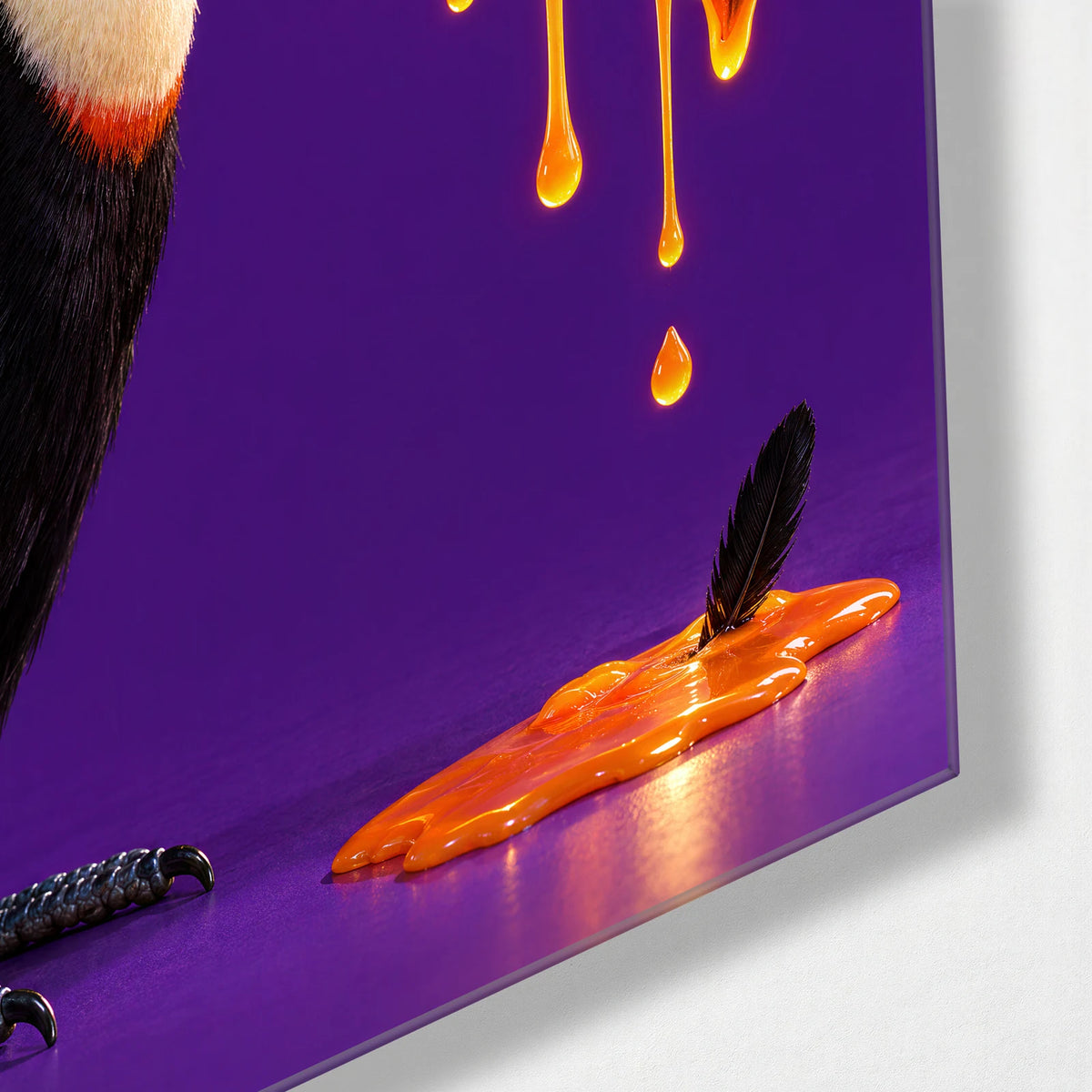 Toucan Drip — corner detail of glass wall art