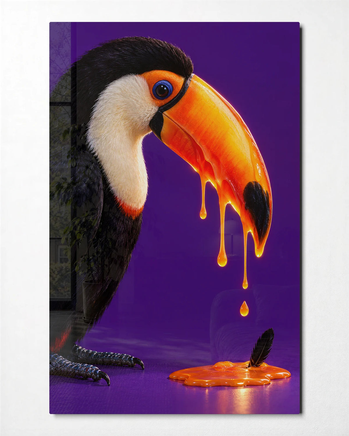 Toucan Drip — front view of glass wall art