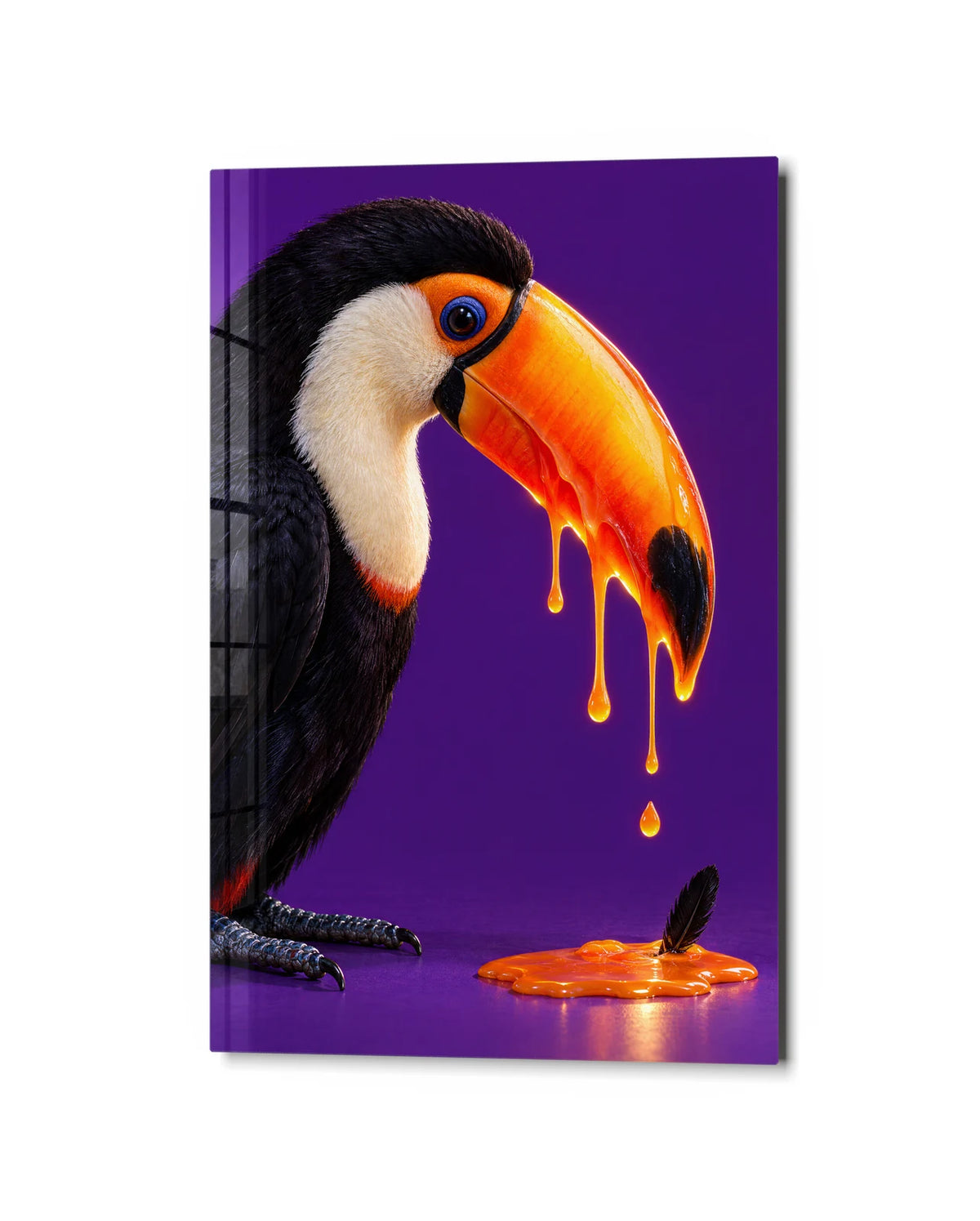 Toucan Drip — studio view of glass wall art