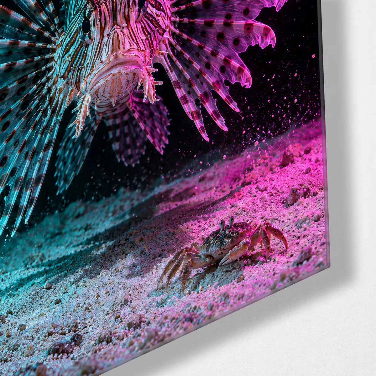 Lionfish in Two Lights — corner detail of glass wall art