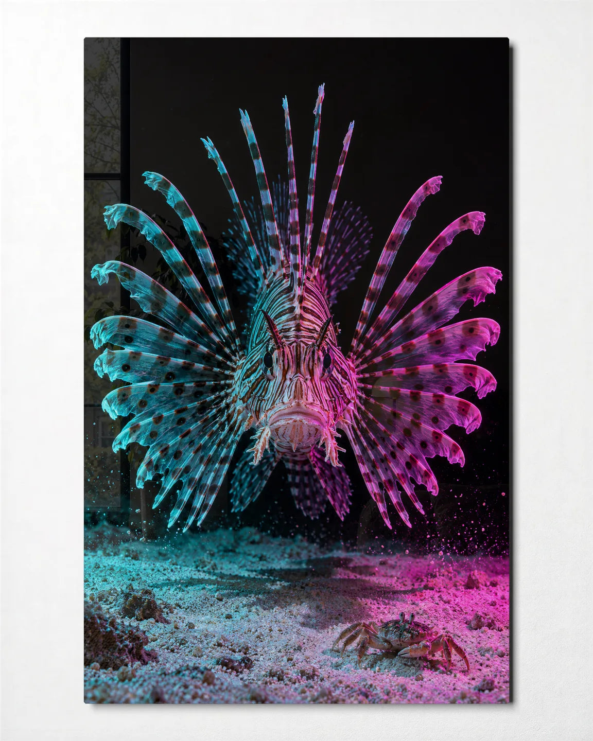 Lionfish in Two Lights — front view of glass wall art