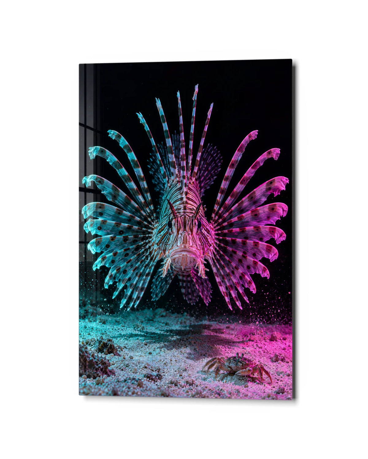 Lionfish in Two Lights — studio view of glass wall art