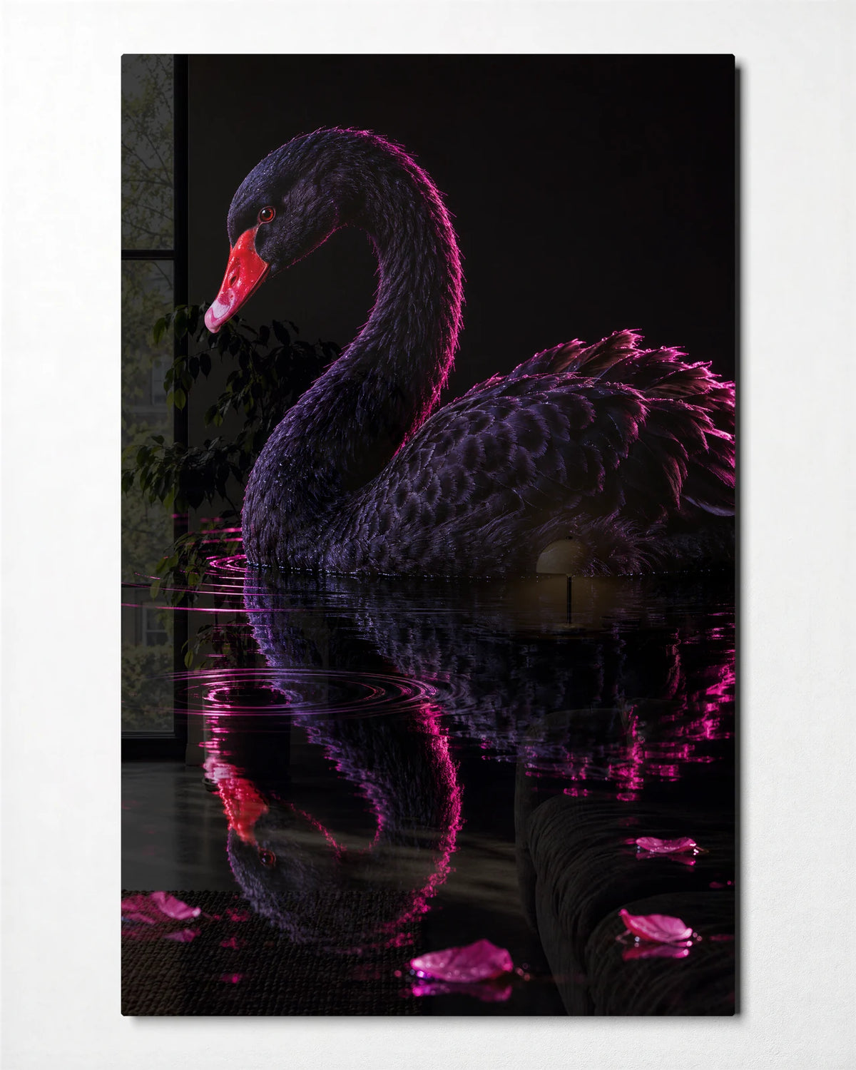 Black Swan Pink Light — front view of glass wall art
