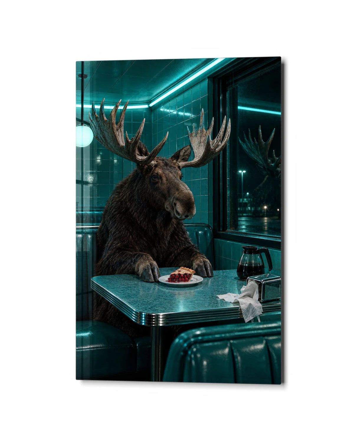 Moose at Midnight — studio view of glass wall art