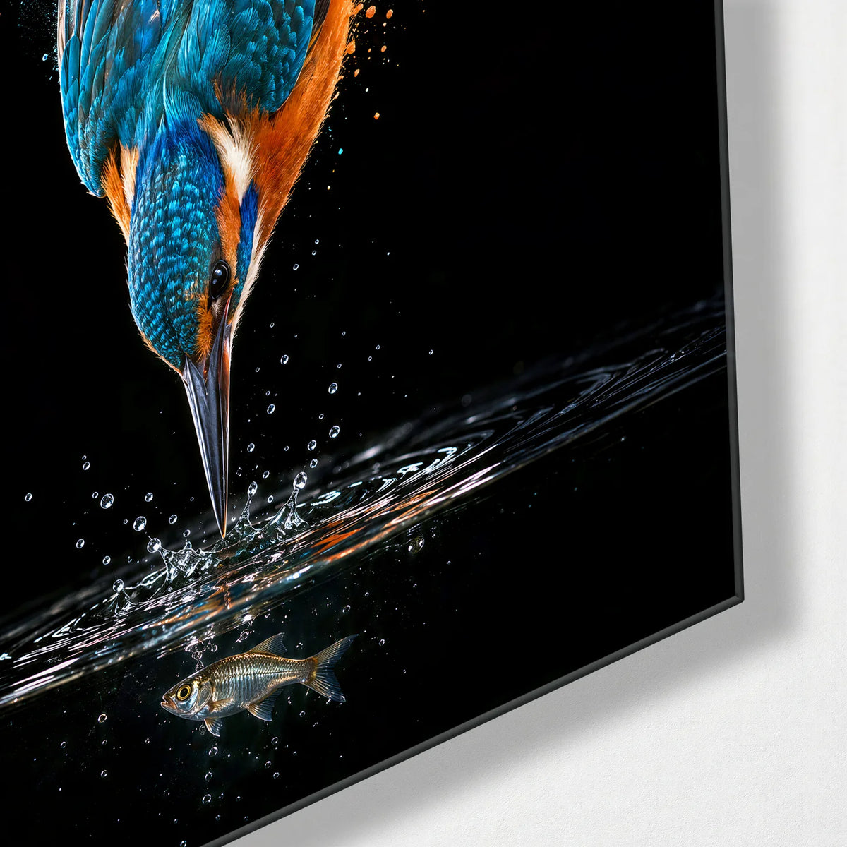 Kingfisher in the Splash — corner detail of glass wall art