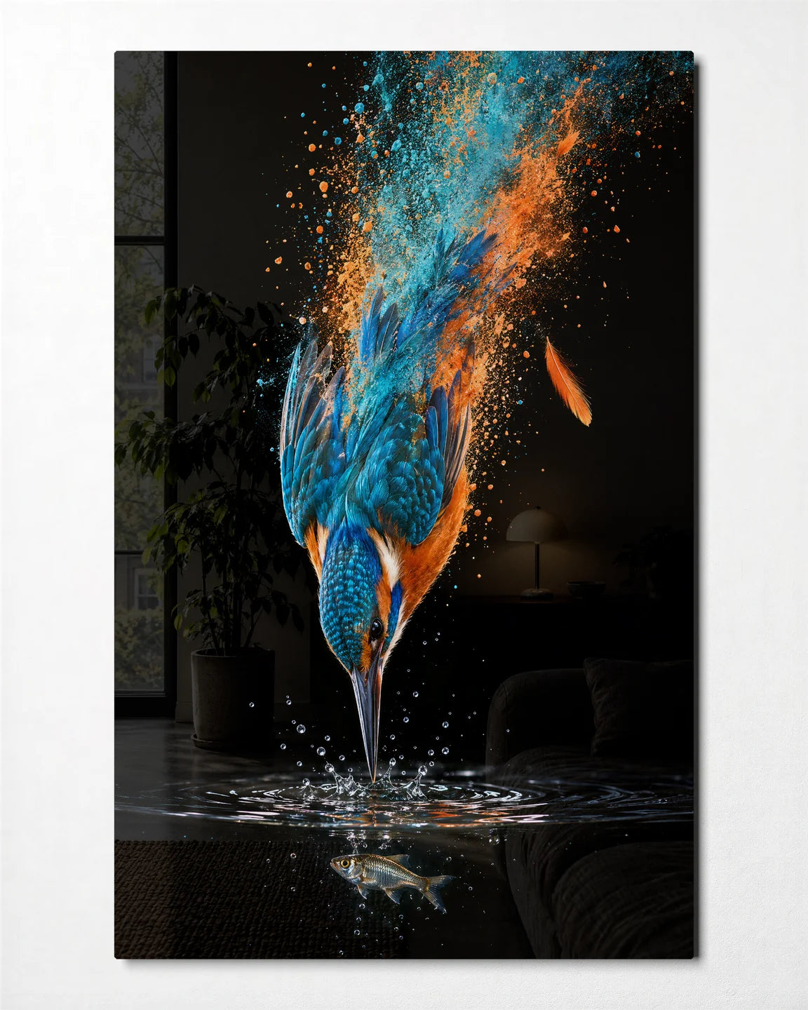 Kingfisher in the Splash — front view of glass wall art