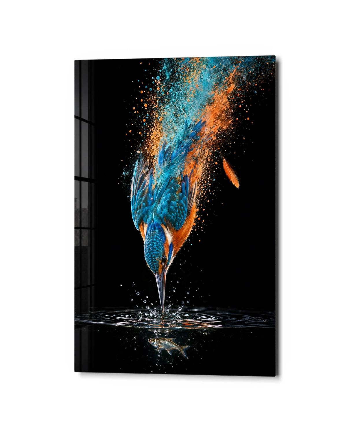 Kingfisher in the Splash — studio view of glass wall art