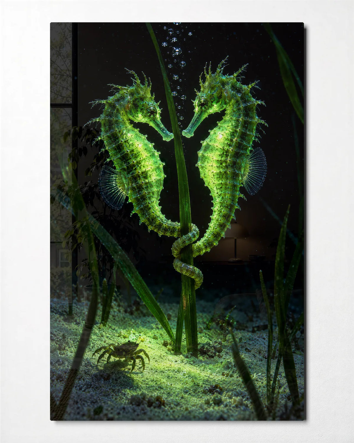 Two Seahorses — front view of glass wall art