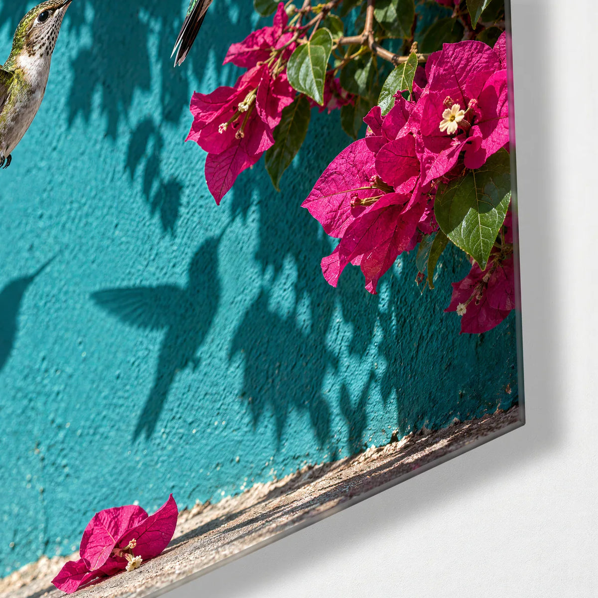 Hummingbirds by the Wall — corner detail of glass wall art