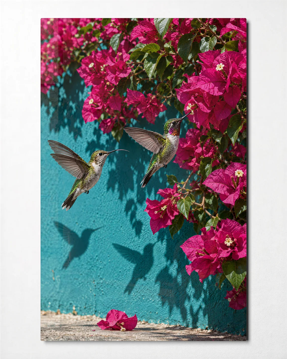 Hummingbirds by the Wall — front view of glass wall art