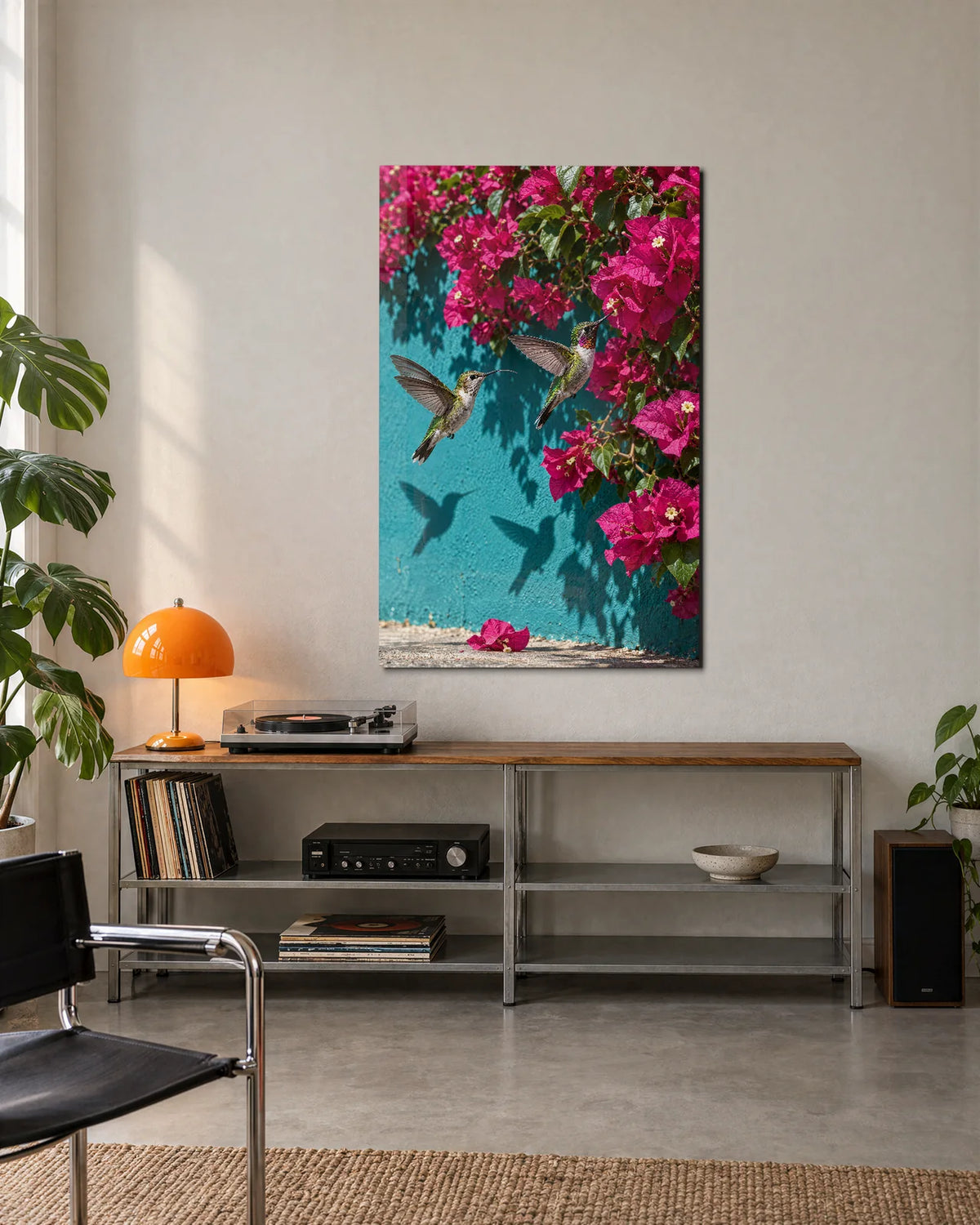 Hummingbirds by the Wall — shown in a living space