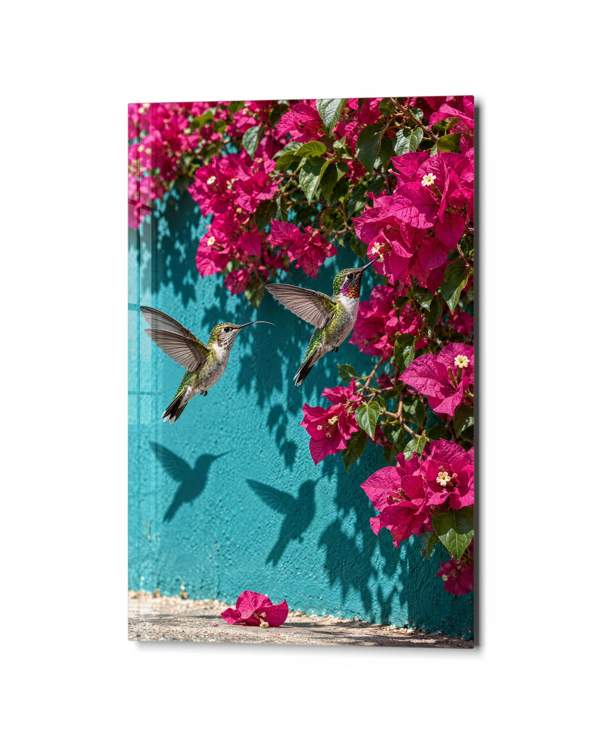 Hummingbirds by the Wall — studio view of glass wall art