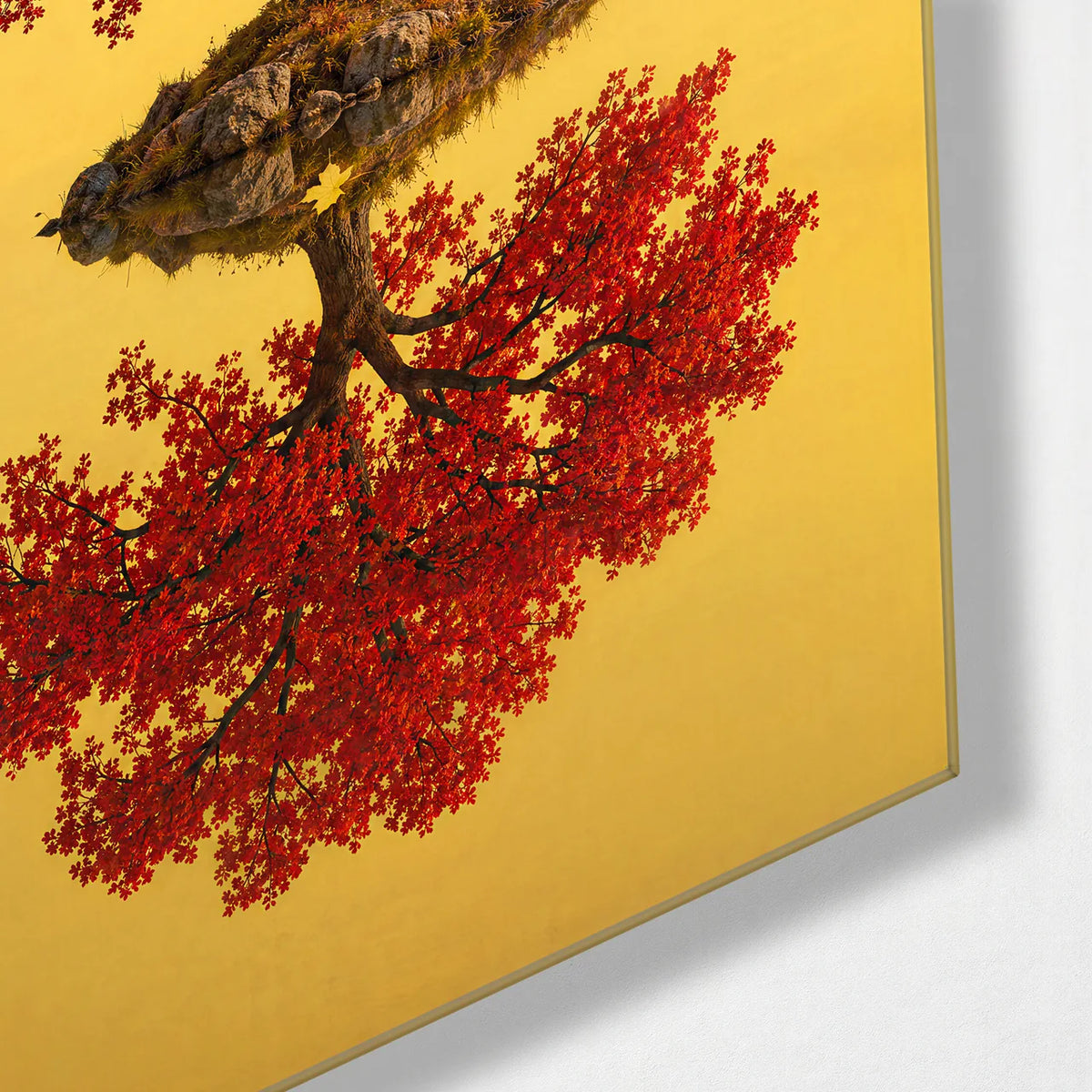 Red Tree Reflection — corner detail of glass wall art