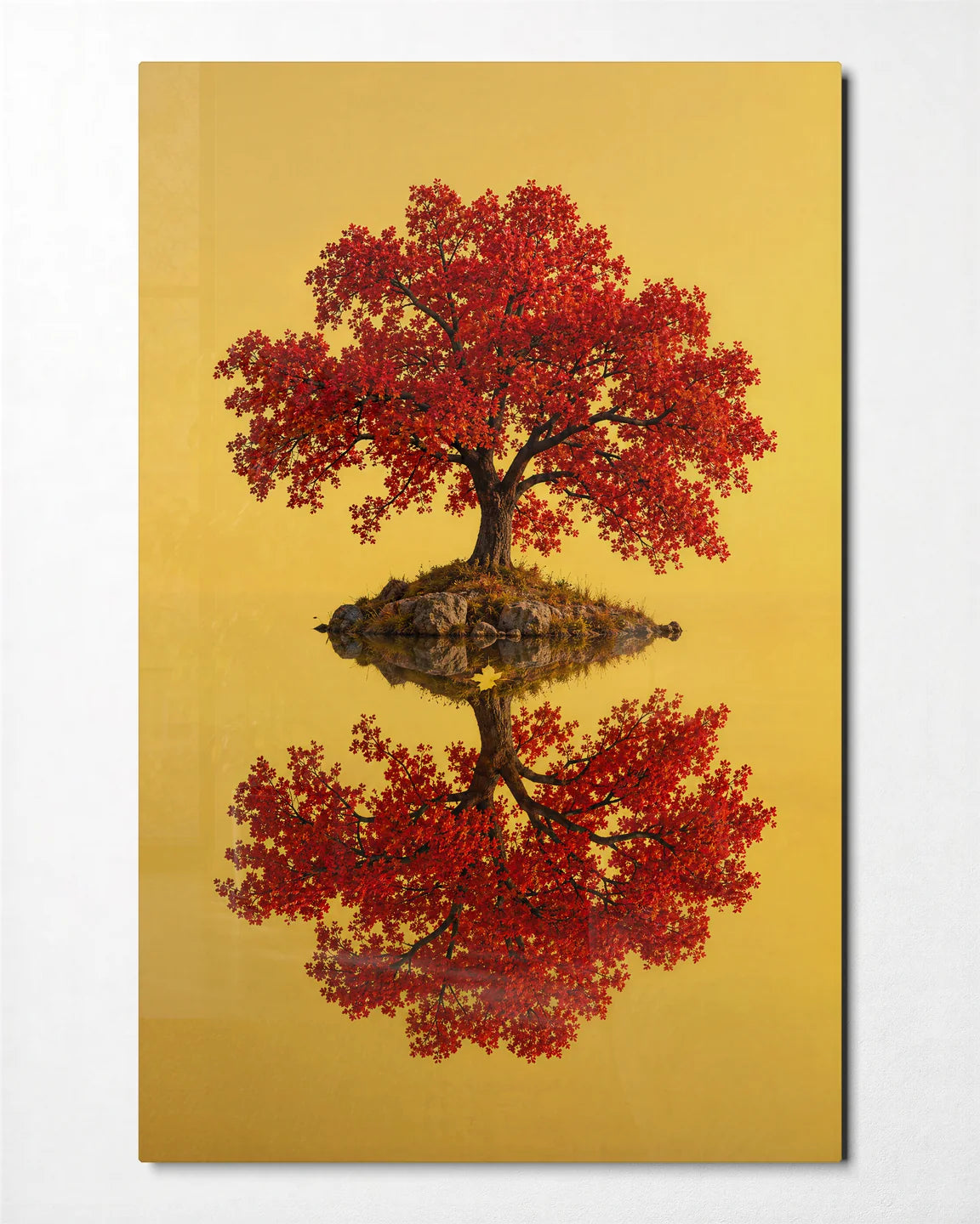 Red Tree Reflection — front view of glass wall art