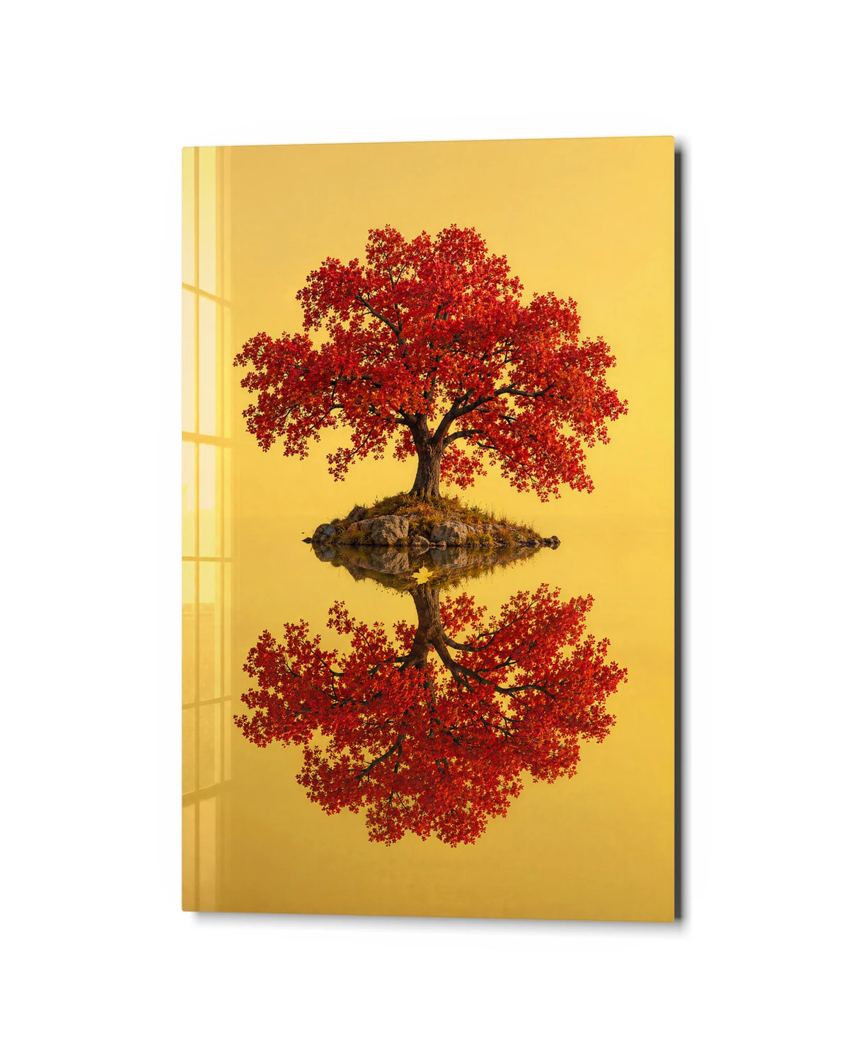 Red Tree Reflection — studio view of glass wall art