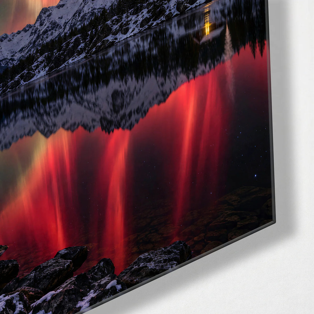 Red Lights Over the Lake — corner detail of glass wall art