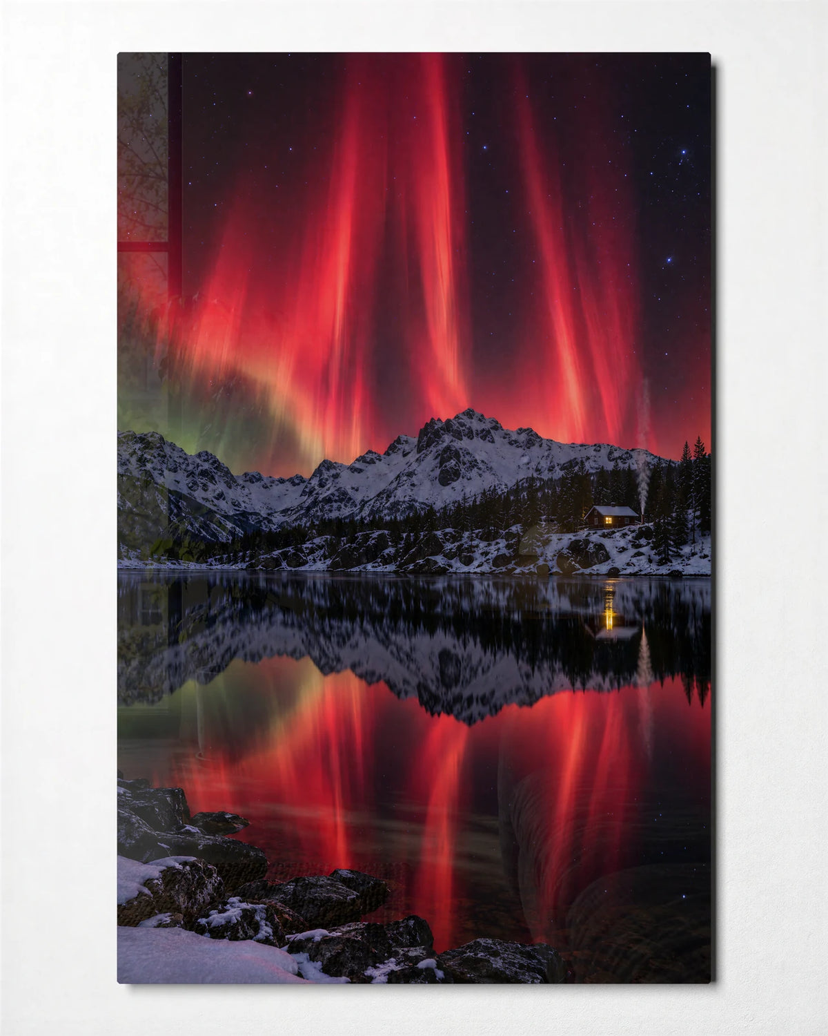 Red Lights Over the Lake — front view of glass wall art