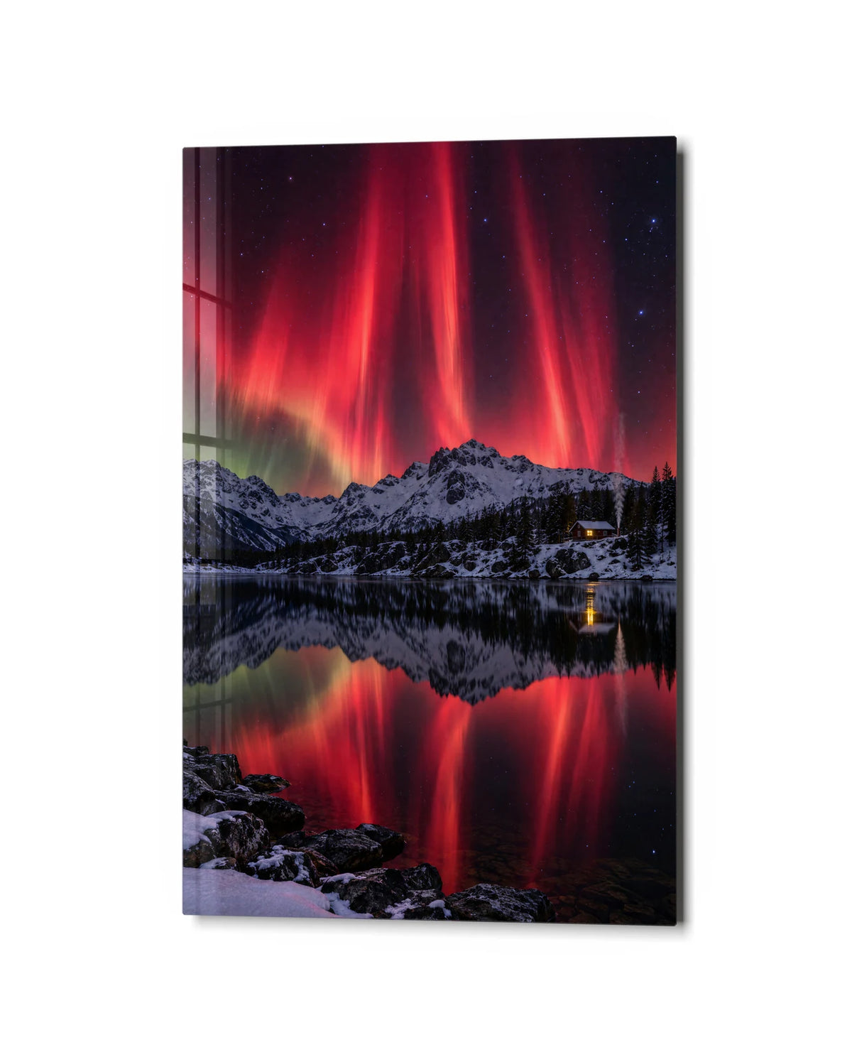 Red Lights Over the Lake — studio view of glass wall art