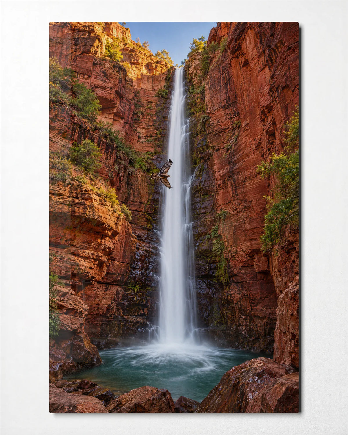 Water down the Red Rock — front view of glass wall art