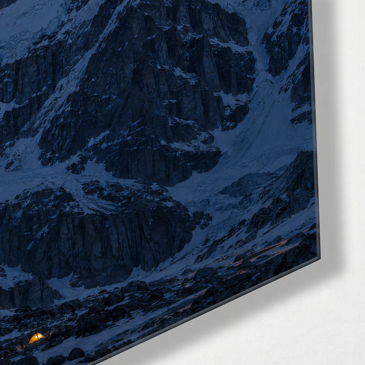 Last Light on Snow — corner detail of glass wall art