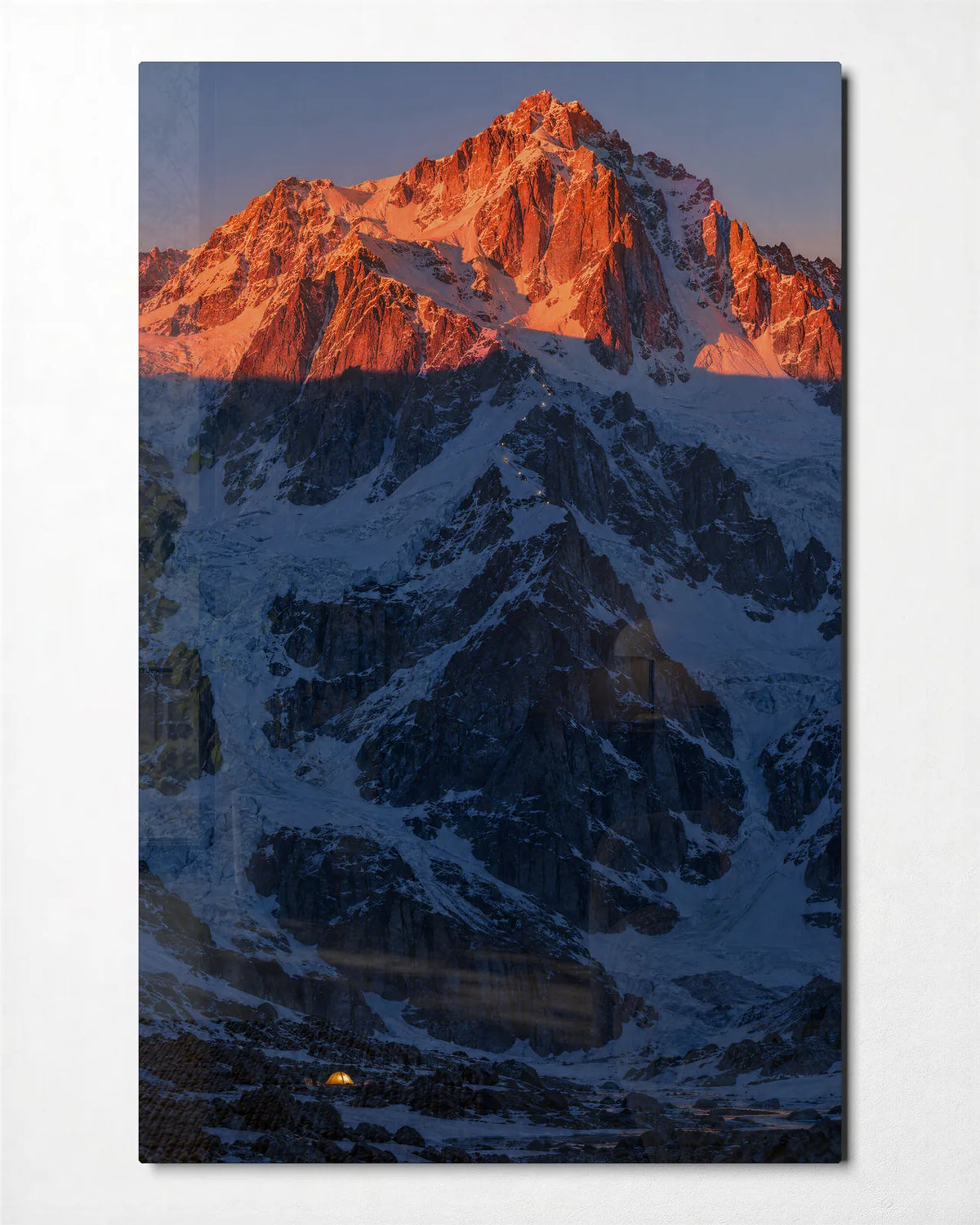 Last Light on Snow — front view of glass wall art