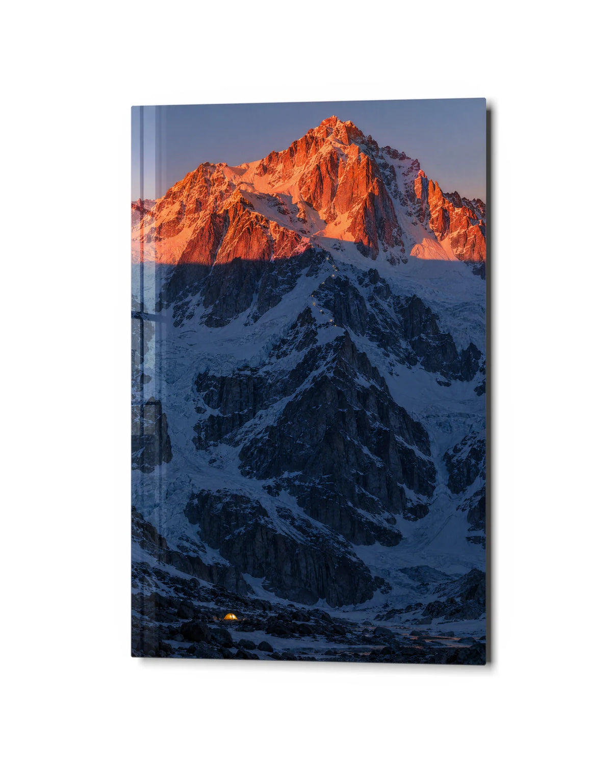 Last Light on Snow — studio view of glass wall art