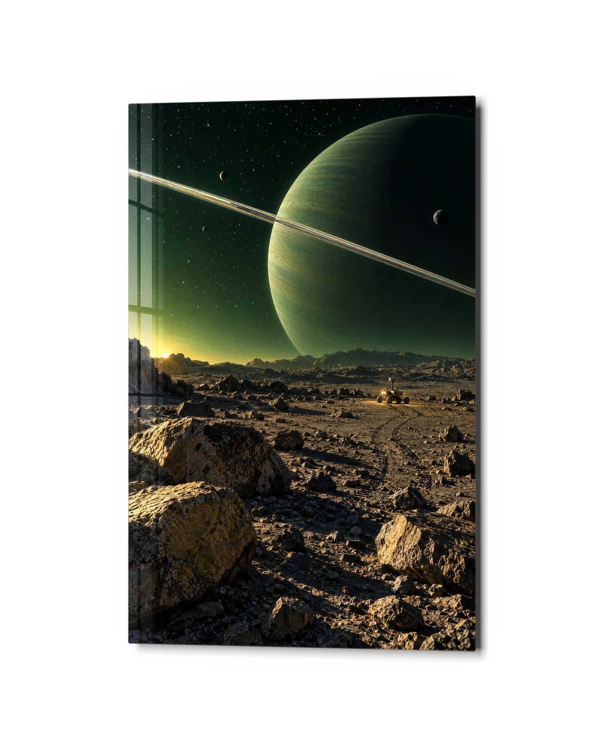 Under a Ringed Sky — studio view of glass wall art