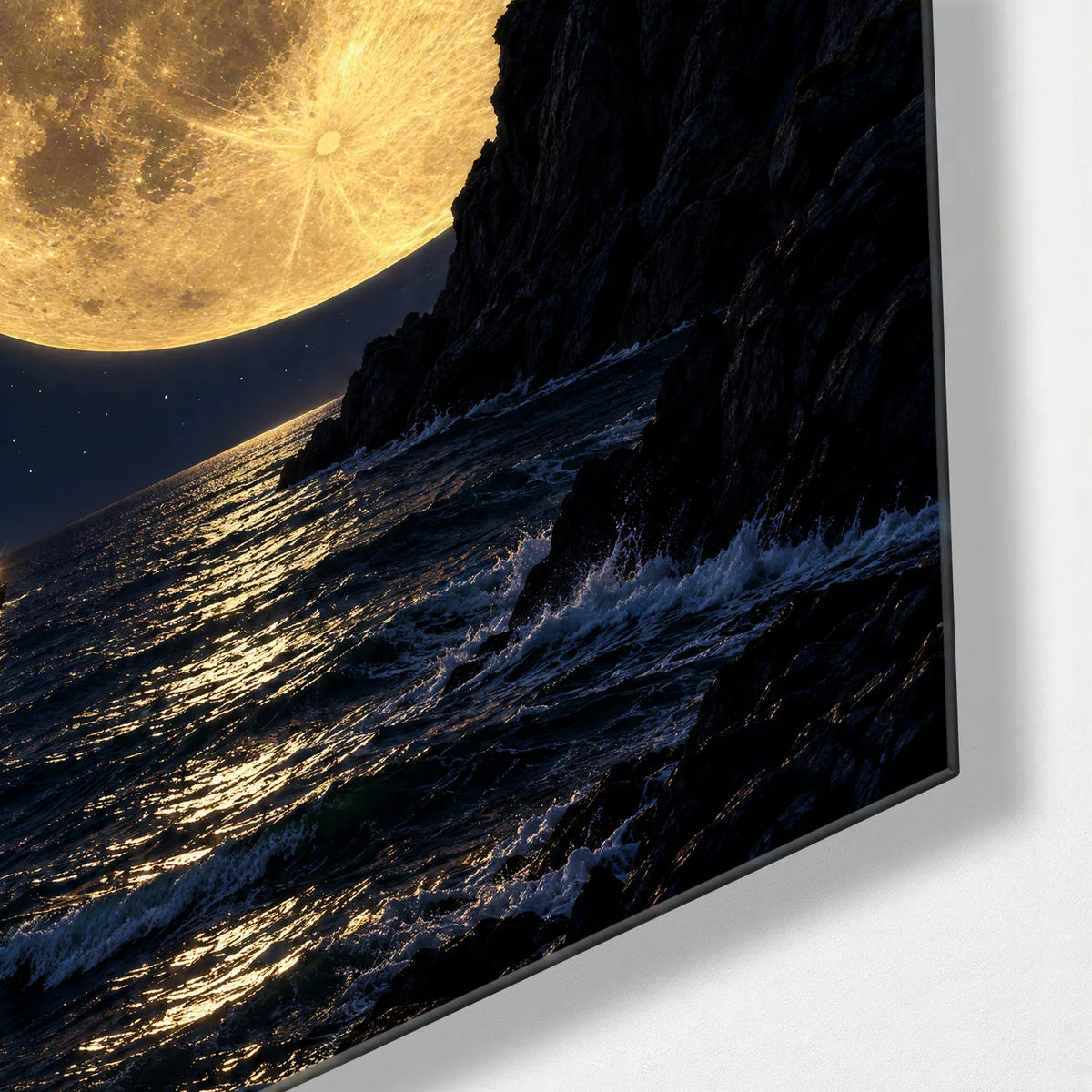 Lighthouse under the Moon — corner detail of glass wall art