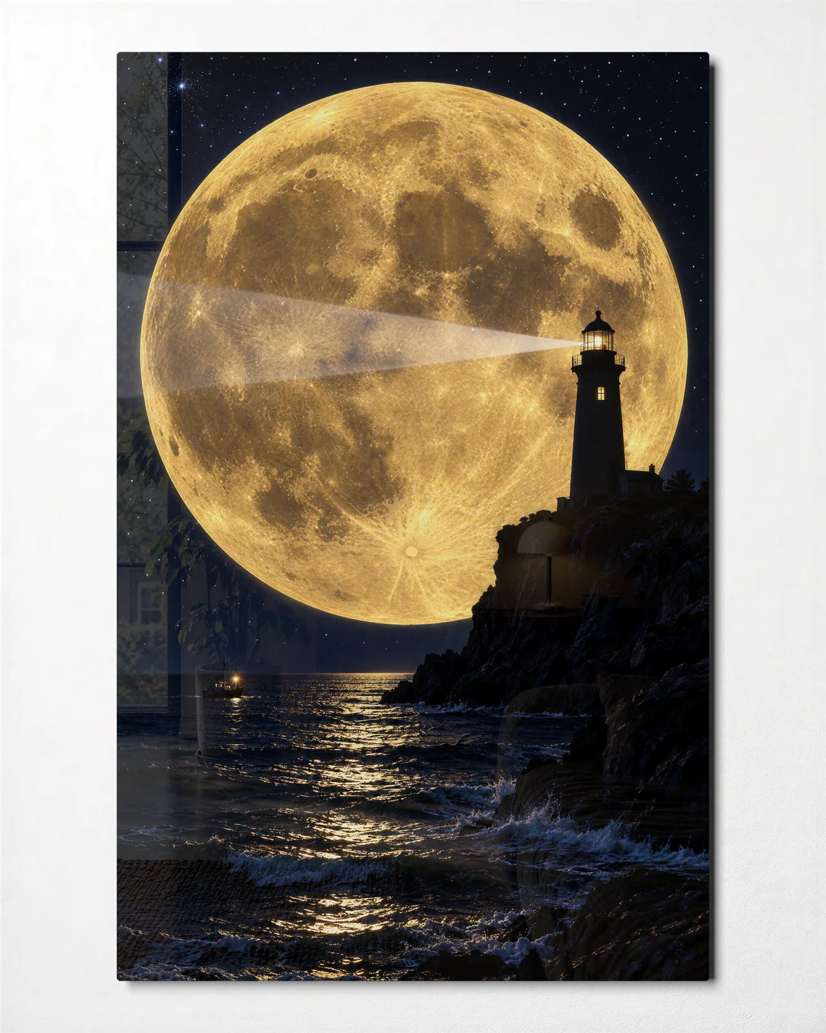 Lighthouse under the Moon — front view of glass wall art