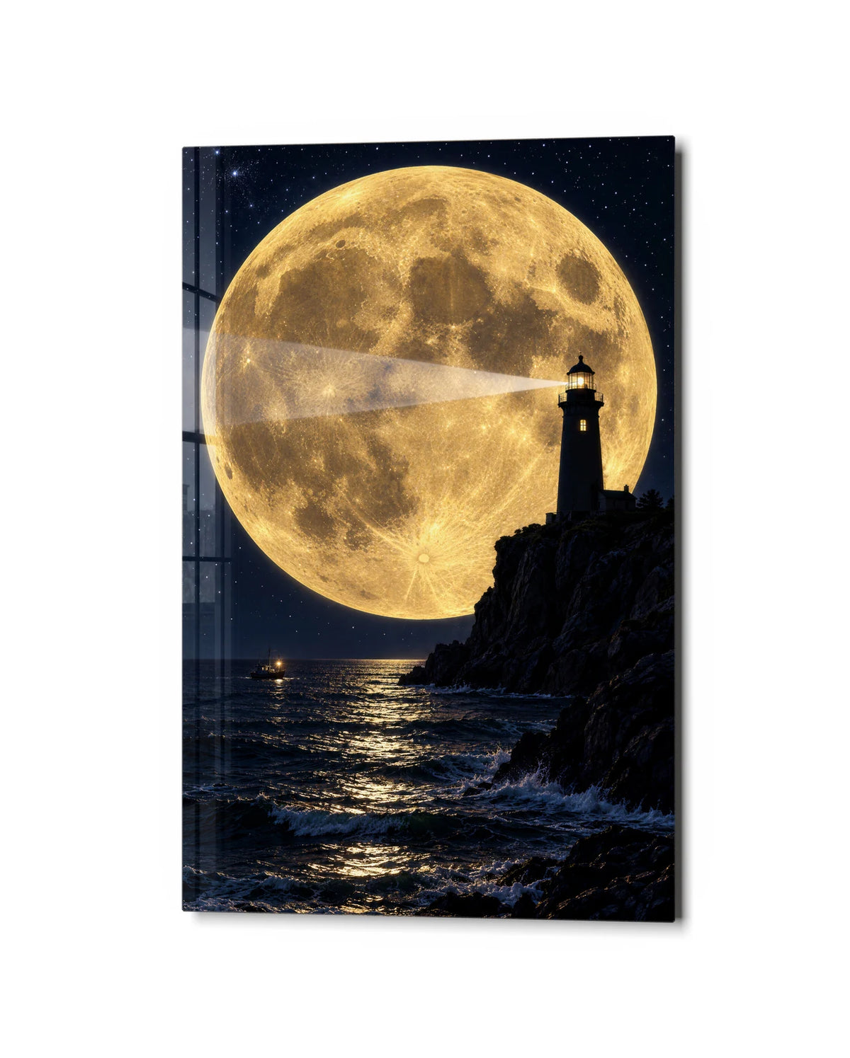 Lighthouse under the Moon — studio view of glass wall art