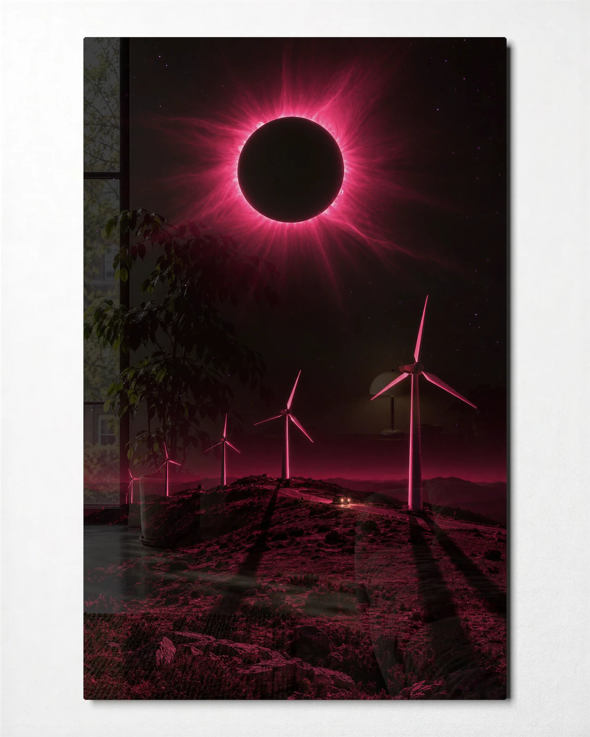 Eclipse over the Turbines — front view of glass wall art