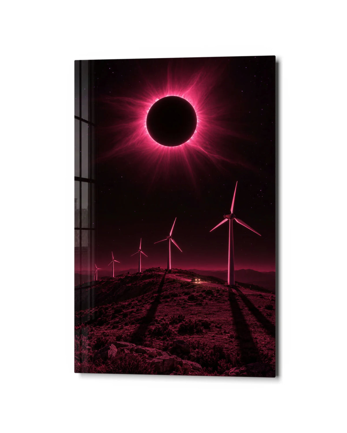 Eclipse over the Turbines — studio view of glass wall art