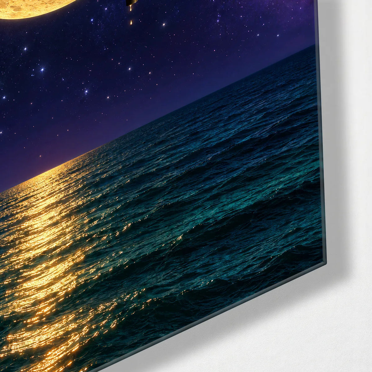 Fishing from the Moon — corner detail of glass wall art