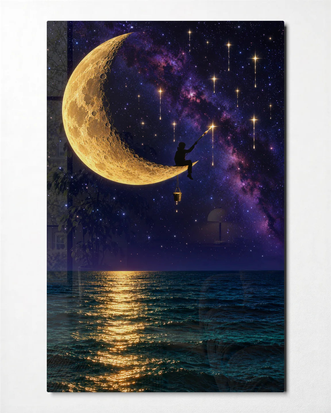 Fishing from the Moon — front view of glass wall art
