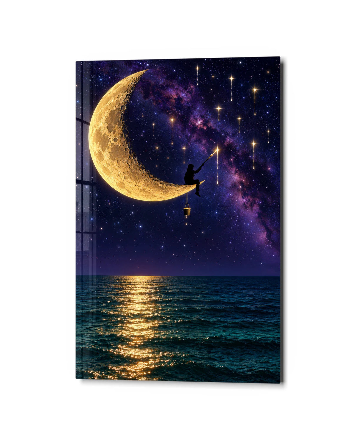 Fishing from the Moon — studio view of glass wall art