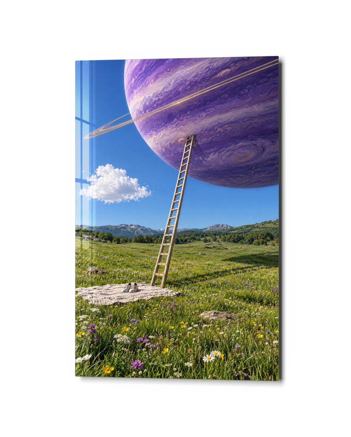 Ladder to a Planet — studio view of glass wall art