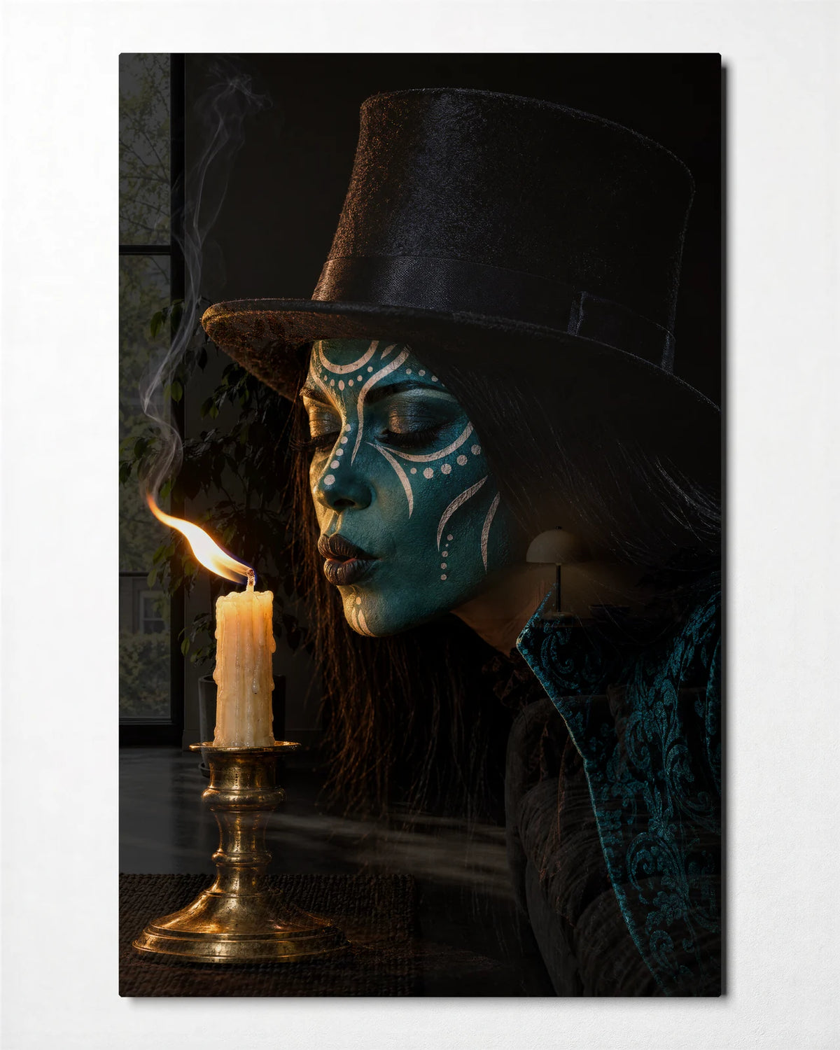 Candle and Top Hat — front view of glass wall art