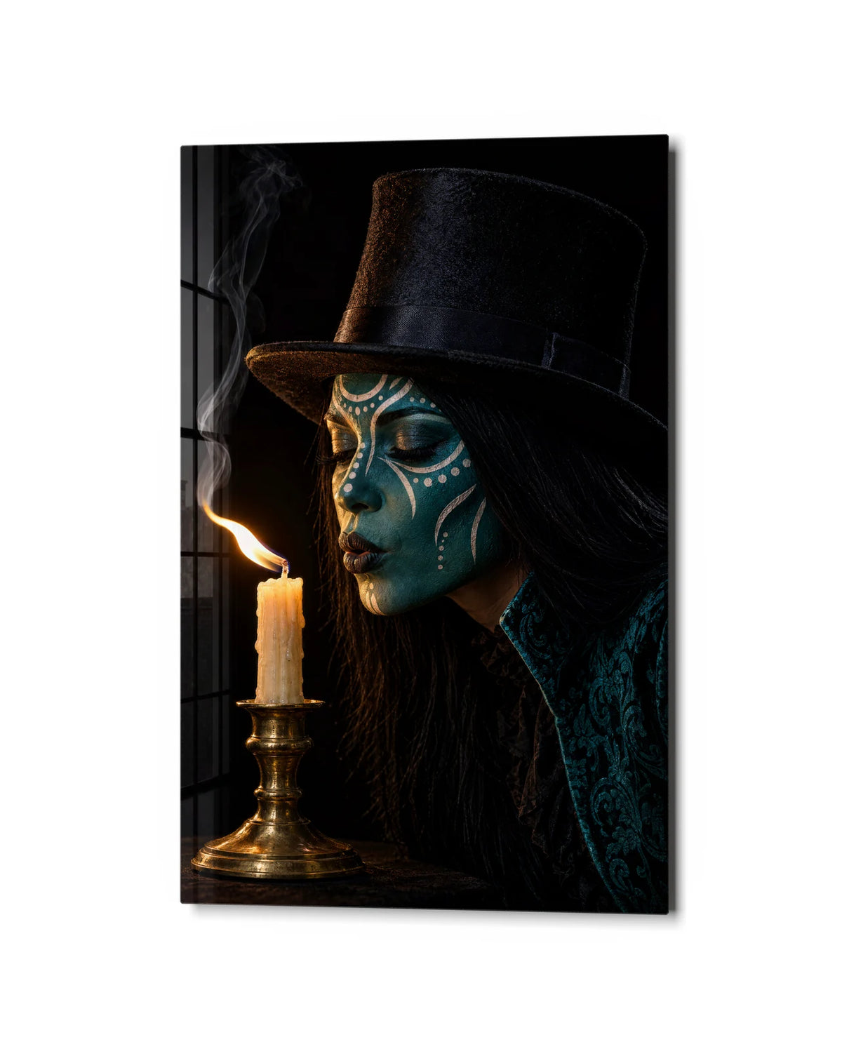 Candle and Top Hat — studio view of glass wall art